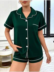 2pcs Women Short Sleeve Top And Shorts Pajama Set, Casual Loose Fit Solid Color Basic Homewear, Suitable For Indoor And Outdoor Wear, Spring/Summer - Dark Green - View 3