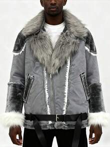 Faux Fur Panel Oversized Collar Men's Coat, Loose Fit Sheepskin-Lined Long Sleeve Winter Outerwear - 灰色 - 查看 5