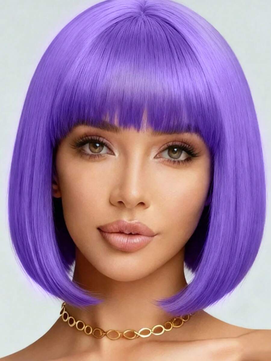 12-Inch Short Wig With Bangs, Burgundy Synthetic Hair, Suitable For Parties, Halloween, Cosplay And Holiday Gatherings, Special Occasions - Light Purple - View 1