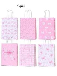 6/12/30 piezas Bolsas de regalo con tema de lazos rosas - Elegantes bolsas de papel con asas, adecuadas para bodas, despedidas de soltera, cumpleaños y ocasiones especiales, decoradas con lazos, estrellas y patrones geométricos en tonos rosas, ideales para obsequios de fiesta de boda | Bolsas con asas resistentes, bolsas de recuerdo para despedida de soltera, decoraciones para fiesta de Navidad - Multicolor - Ver 14