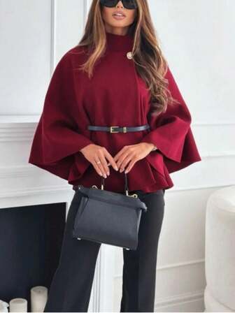 1ชิ้น เสื้อโค้ทคลุมไหล่ผ้าขนสัตว์ทรงเอไลน์ ผูกเอวสีพื้นแฟชั่นผู้หญิง ฤดูใบไม้ร่วง/ฤดูหนาว