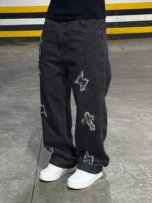 Quần Jeans Denim Dáng Rộng Phong Cách Đường Phố Grunge Goth Y2K Cho Nam, Dáng Rộng, Cá Tính, Trẻ Trung, Thể Thao, Cao Đẳng, Dáng Thẳng, Thêu Chữ Thập, Màu Trơn, Phù Hợp Mọi Mùa - màu đen - Xem 3