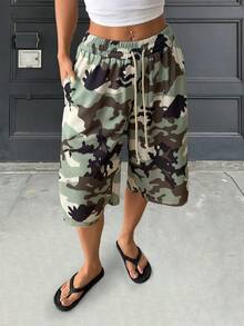 女式针织百慕大短裤，带抽绳，迷彩印花，无弹力，休闲风格 - 彩色 - 查看 3