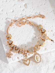 1pc Religious Virgin Mary Charm Bracelet, 1pc Religious Cross Bracelet, 1pc Fashion Sakura DIY Bracelet, 1pc Fashion Heart Lock & Key Bracelet