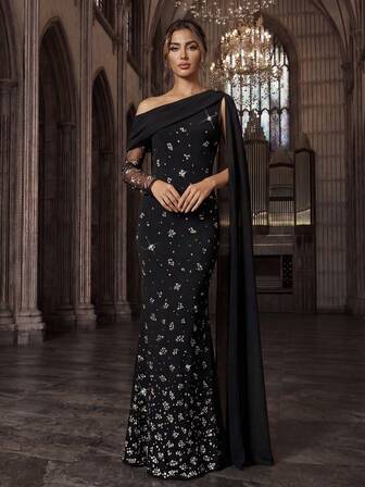 优雅奢华水钻派对正式礼服钻石热钻鸡尾酒晚宴晚礼服纯色不对称领长袖长款连衣裙