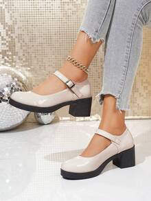 Women's Elegant Solid Color Round Toe Khaki/Beige Chunky Heel Pumps, Suitable For Office, Commuting, Party, Wear With Suits, Spring/Autumn - Chantilly - View 2