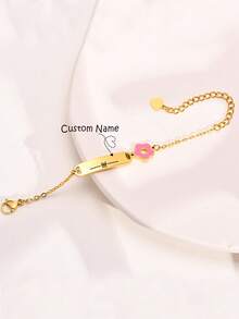 1pc Cute Stainless Steel Curved Plate Small Flower 18K Gold/Silver Butterfly Knot Pattern Bracelet, Personalized Name Customization, Children's Jewelry, Unique Gift For Kids, Children's Day Commemorative Accessory - Multicolor - View 4