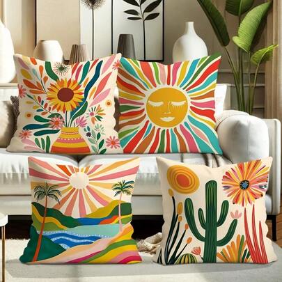 抱枕套 4 件装 18x18 英寸 花卉日出仙人掌天鹅绒抱枕套 | 波西米亚抽象设计 | 黄绿蓝色调 | 单面印花 | 柔软装饰枕套，适用于卧室、客厅和沙发（不含枕芯）