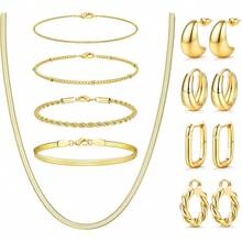 ORAZIO 8/9/11 Pcs Gold Jewelry Set For Women Dainty 14k Gold Plated Chunky Hoop Earrings Bracelets Stack Herringbone Necklace Fashion Costume Accessories Women's Jewelry Set - 金色 - 查看 14