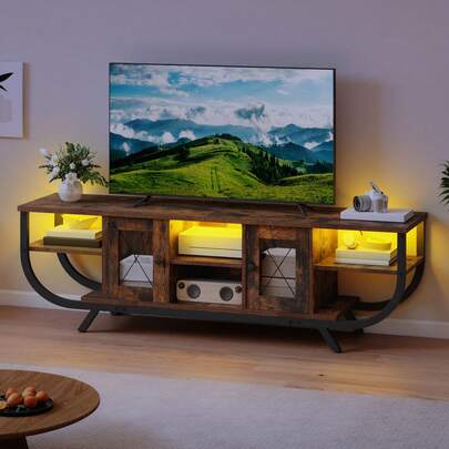 140cm Industrial TV Stand Cabinet With LED Lights – Rustic Brown, Metal Frame, Storage Cabinets & Open Shelves, Fits 65 Inch TVs -By GeoTower