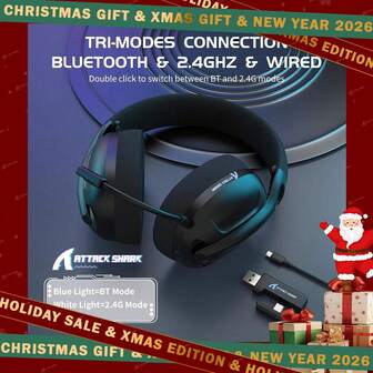 ATTACK SHARK Wireless Gaming Headset Ultralight Over Ear With 2.4Ghz USB C&A Dongle/Bluetooth 5.3/3.5mm Wired Detachable Mic Stereo Sound 600mAh Battery For PC Switch Win Gamer