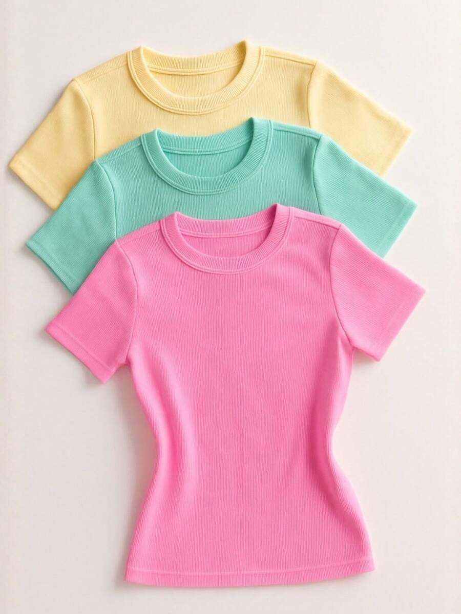 Set Of 3 Women's Ribbed Knit Blouses - Basic Blouse - Danone hồng/ Xanh nước/ Vàng - Xem 1