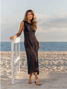 Beach Cover-Up Lace Tricot Dress Long With Back Slit Summer Spring 2025 - 藏蓝色 - 查看 7