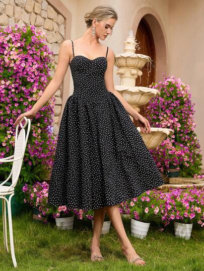 Women's Elegant Polka Dot Spaghetti Strap High Waist Backless Tie Midi A-Line Dress, Suitable For Balls, Birthday Parties, Galas, Dates, Homecoming, Wedding Guests, Cocktail Parties, Family Gatherings And More