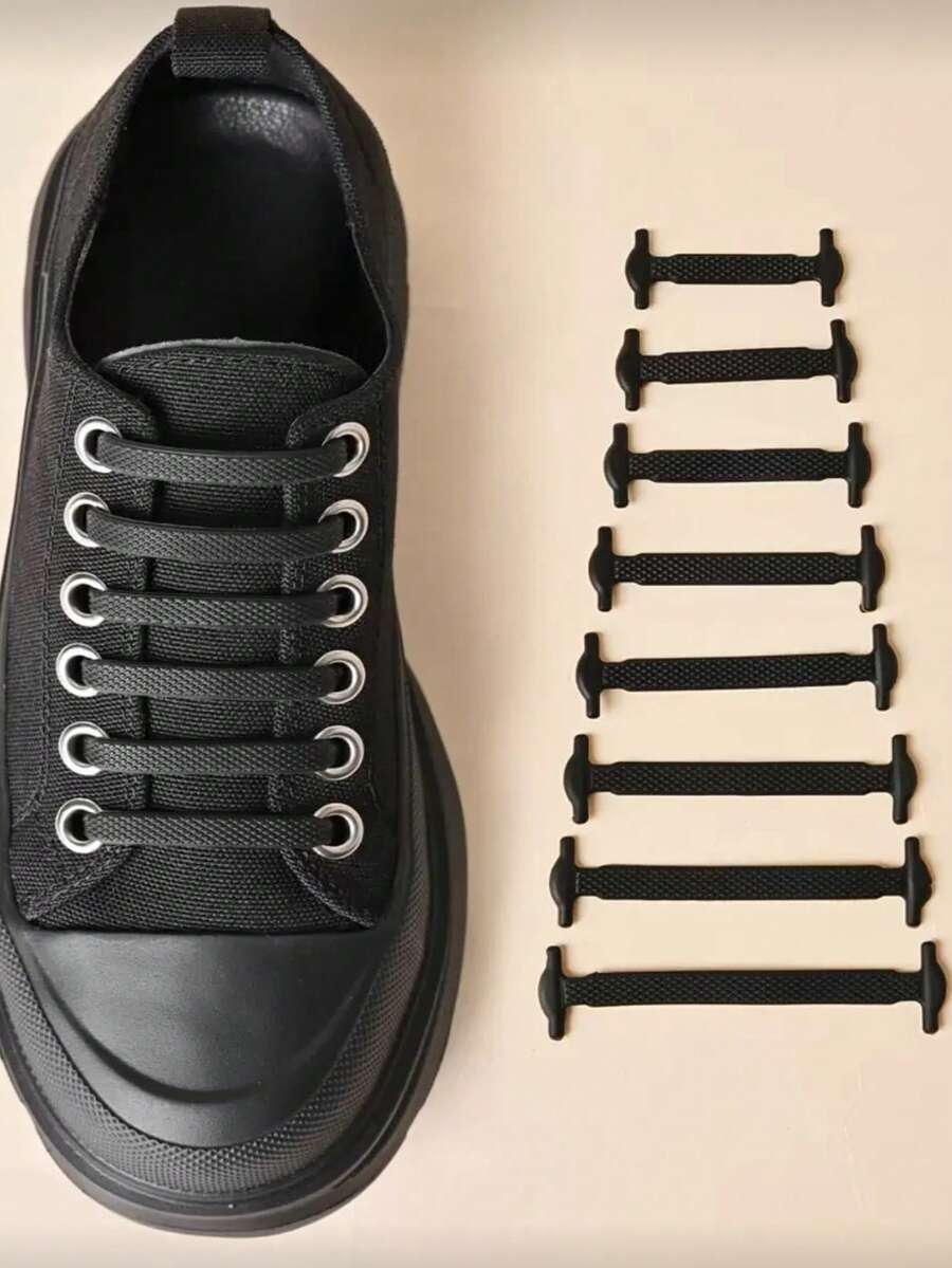 16pcs Lazy Shoe Lace Buckle No Tie Elastic No Tie Peplum Elastic Sneaker Laces - Black - View 1