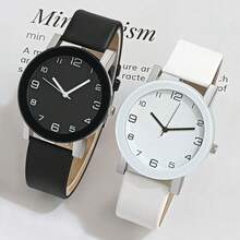 Minimalist Fashion Couple Quartz Watches, PU Leather Strap, Arabic Numeral Dial