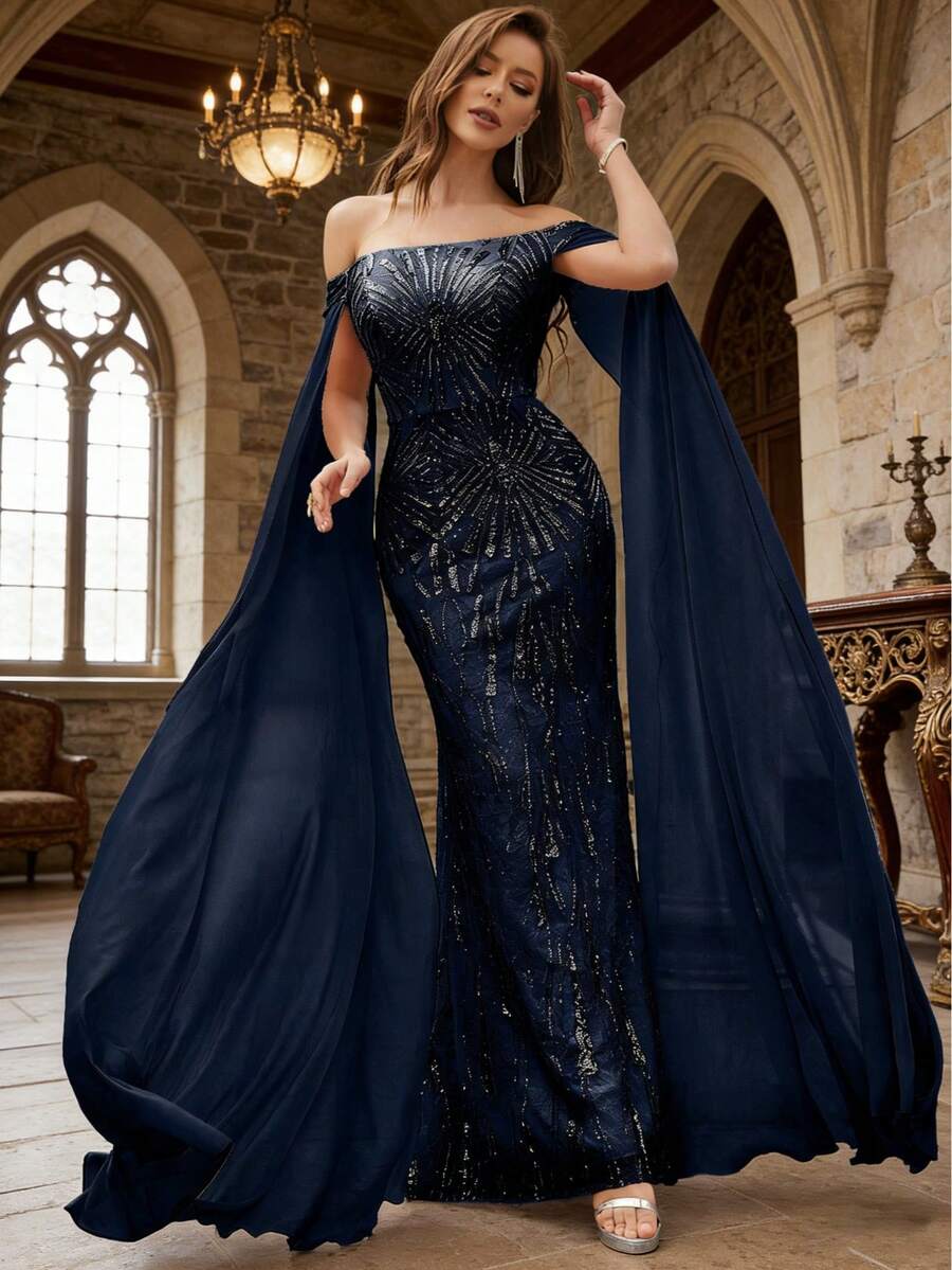 UNITHORSE 露肩长袖亮片刺绣连衣裙 - 藏蓝色 - 查看 1