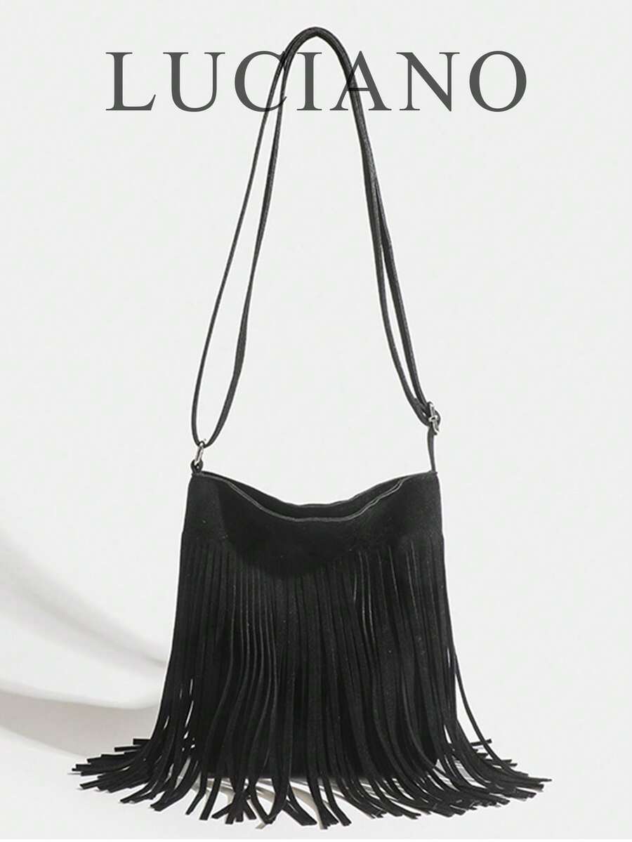 新款时尚秋冬复古麂皮纯色流苏女士小众手机包，西式/港式单肩/斜挎包，百搭简约慵懒风通勤旅行购物休闲日常轻便包 - 黑色 - 查看 1