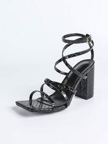Women's Black Square Toe Chunky Heel Party Fashion Minimalist Casual Comfortable Versatile High Heel Sandals - Black - View 6