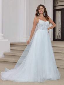 Gorgeous And Elegant Floral Print Lace Applique A-Line Wedding Dress, Suitable For All Seasons - Beige - View 3