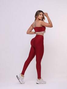 Premium Suplex Fitness Set With Leggings And Padded Top, No Transparency, Gym Workout Kit, High Compression Leggings. - 胭脂紅/肉桂 - 查看 3