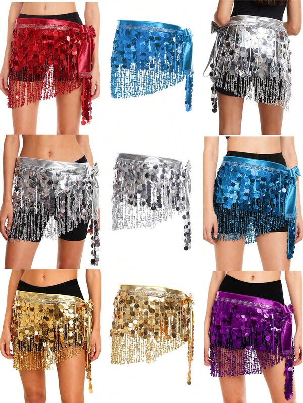 Belly Dance Sequined Tassel Hip Scarf, Sparkly Waist Ornament For Stage Performances, Dance Practice Decoration (Multiple Colors Available)
