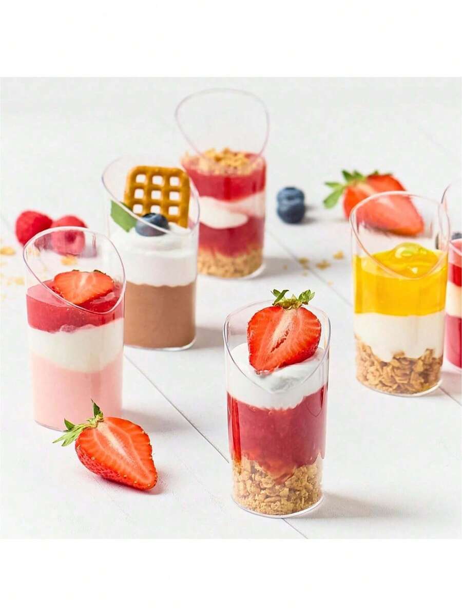 50/25/10pcs Set Angled Dessert Cups, Clear Cake Cups (Dessert Shooter Cups), For Wedding Receptions, Yogurt, Panna Cotta, Cheesecake, Pudding, Jelly And Appetizer Mousse