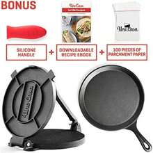 Uno Casa Tortillero mexicano de 20 cm presazonado – Prensa de hierro resistente para tortillas mexicanas – Máquina de tacos mini, quesadillas, roti, pancakes y rollitos – Con 100 uds de papel de horno(8 Inch with Comal Pan) - Multicolor - Ver 6