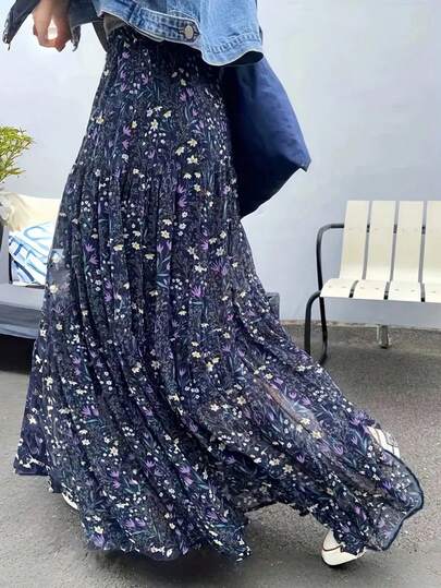 大码碎花宽松休闲百搭亮面度假中长裙