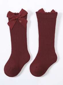 1双儿童棉质条纹中筒袜，儿童蝴蝶结过膝袜，罗纹袜口 - 紅色 - 查看 5