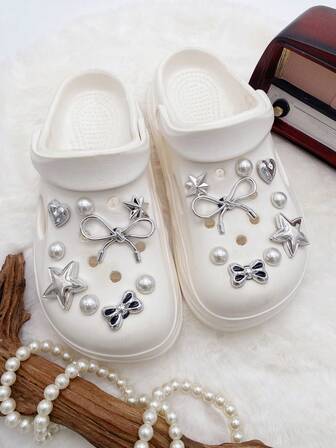 18 st. rosett, stort pentagram, hjärta, halvcirkelformade beige pärlor, gör-det-själv-dekorationer, lämpliga för damsandaler, tofflor, strandväskor, multifunktionella skoklämmor - perfekt present till högtidsfester och speciella tillfällen