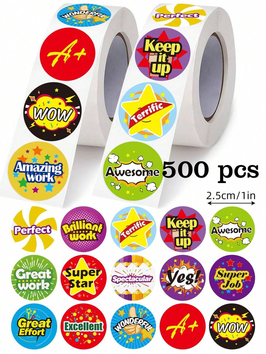 500pcs Cartoon Encouragement Doodle Roll Stickers, 1 Inch Round, 2 Styles 16 Cartoon Patterns, Creative Scrapbook Stickers, Suitable For Laptop, Bottle, Scrapbook, Luggage, Computer, Envelope DIY Decoration, Marking, Decorating, Reward Encouragement - Cartoon Encouragement Stickers - View 1