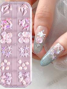 60 miếng dán móng tay 3D họa tiết bãi biển mùa hè - Cây dừa, vỏ sò, sao biển, vỏ ngọc trai, đuôi cá, ốc xà cừ, tiệc bãi biển, miếng dán móng tay màu tím cực quang, dụng cụ làm móng, không gây dị ứng, hộp đựng tiện lợi. - Màu Hồng baby - Xem 1