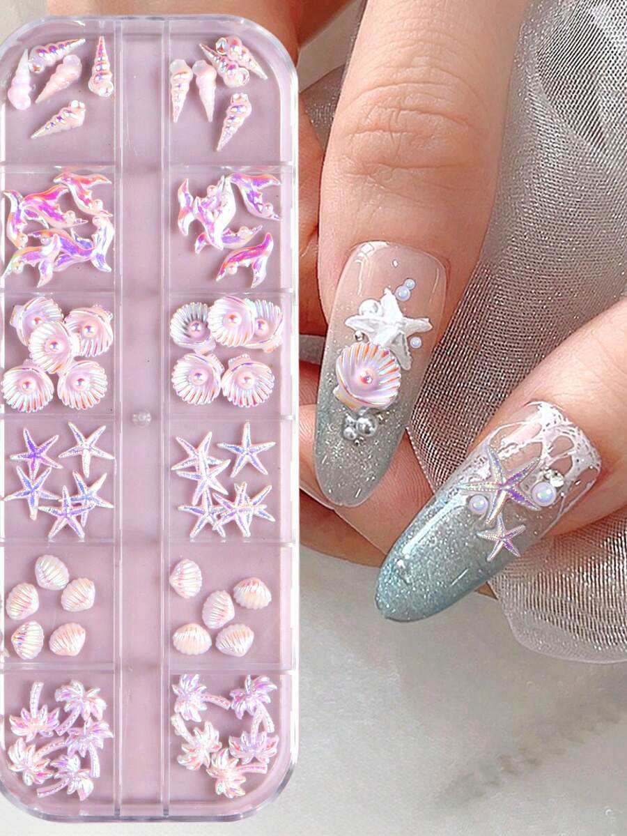 60 miếng dán móng tay 3D họa tiết bãi biển mùa hè - Cây dừa, vỏ sò, sao biển, vỏ ngọc trai, đuôi cá, ốc xà cừ, tiệc bãi biển, miếng dán móng tay màu tím cực quang, dụng cụ làm móng, không gây dị ứng, hộp đựng tiện lợi. - Màu Hồng baby - Xem 1