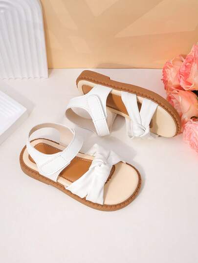 1 Pair Girls' Bicolor + 3D Bow Decor Soft Fabric Non-Slip Breathable Open Toe Low-Top Sandals, Adjustable Hook And Loop Strap, Flat, Sweet Princess Style For Birthday Party/Flower Girl Wedding