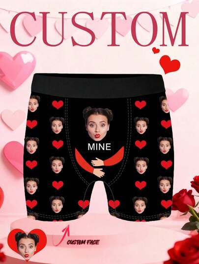 1pc Men's Customized Face & "MINE" Print Black Polyester Comfortable Fitted Romantic Novelty Briefs, Suitable For Valentine's Day Gift And Daily Wear