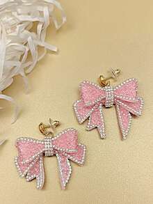 2 件时尚可爱大蝴蝶结吊坠耳环，带闪亮吊坠，粉色耳环适合日常佩戴、派对和聚会