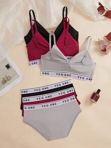 3SETS Ladies Hollow Out French Lingerie Set, Wireless Comfort, Letter Print Beautiful Back With Chest Pad, Sports Bra Briefs Suit - Multicolor - View 3