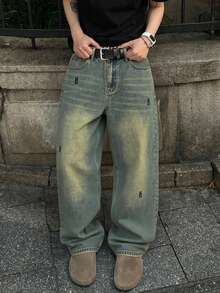 Quần jeans ống rộng dáng suông màu vàng mù tạt cổ điển, phong cách đường phố Mỹ, thêu họa tiết, thích hợp cho mọi mùa. - Màu Mù tạt vàng - Xem 5