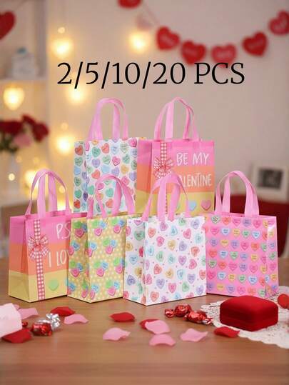 20/10/5/2个装多巴胺色心形无纺布礼品袋，带提手，底部加固，心形图案 - 适用于爱情主题礼物、婚礼、妇女节礼物、派对礼物、生日礼物、周年纪念惊喜，可折叠购物袋和派对袋，防水，可重复使用，派对包装用品，派对礼品袋