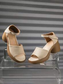 女士优雅搭扣装饰高跟穆勒凉鞋，细跟，百搭时尚绑带凉鞋 - 杏色 - 查看 6