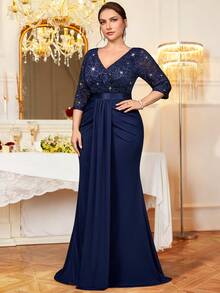 加大码V领亮片花卉蕾丝七分袖撞色褶皱垂褶前摆鱼尾正式派对礼服，春季连衣裙，婚礼宾客礼服，生日、舞会、毕业典礼、节日等场合适用 - 藏蓝色 - 查看 6