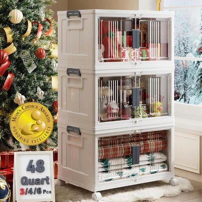 144QT Lockable Storage Bins With Lids - Folding Storage Box With Doors And Wheels, Collapsible Plastic Bins Closets, Stackable Organizer And Containers, Gifts, 3 Pack Cubes