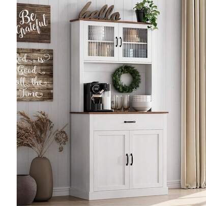  Techigher Kitchen Pantry,71" Tall Pantry Storage Cabinet With Microwave Stand,Kitchen Hutch Cupboard,Freestanding Sideboard Buffet With Drawer,Shelves And Glass Doors,Coffee Bar For Home Dining Room