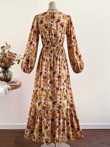 Rusttydustty 女士复古印花V领荷叶边灯笼袖连衣裙 - 桔紅色 - 查看 3