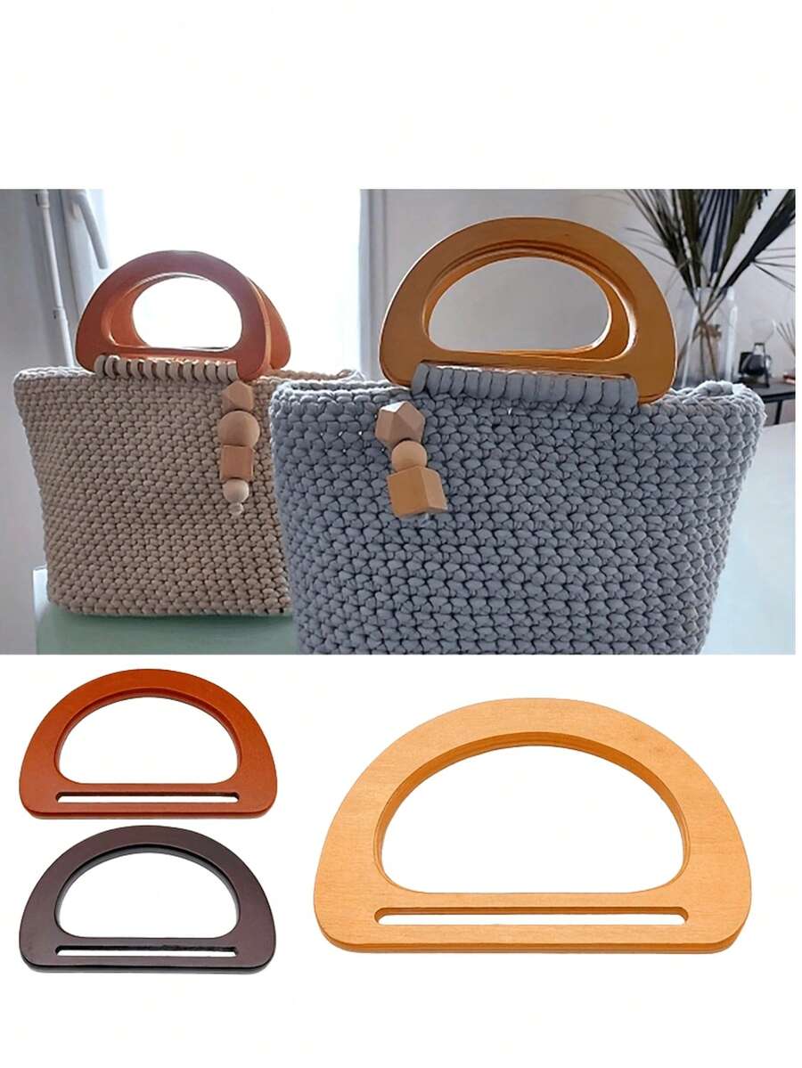 2pcs D-Shaped Wooden Wallet Handle, Durable Bag Grip Accessory Suitable For DIY Woven Straw Beach Bags And Handbags - Multicolor - View 1