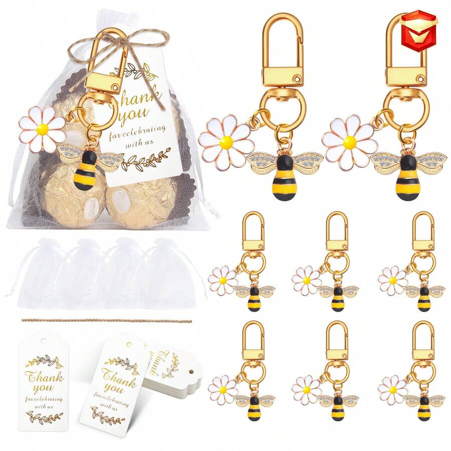 Cute Bee & Daisy Keychain, Enamel Pendant Keyring With Organza Bag & Thank You Card Gift Set, Mini Bee & Flower Charm Keychain, Party Favor Keyring, Versatile Bag/Phone Charm - Multicolor - View 1