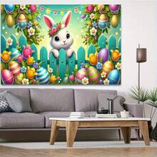 1 pieza Valla de Pascua con fondo de conejo, Lindo telón de fondo de conejo de Pascua con valla, Diseño de conejo y huevos, Pancarta versátil, Ideal para fotografía, fiesta y decoración de celebración de Pascua - Multicolor - Ver 4