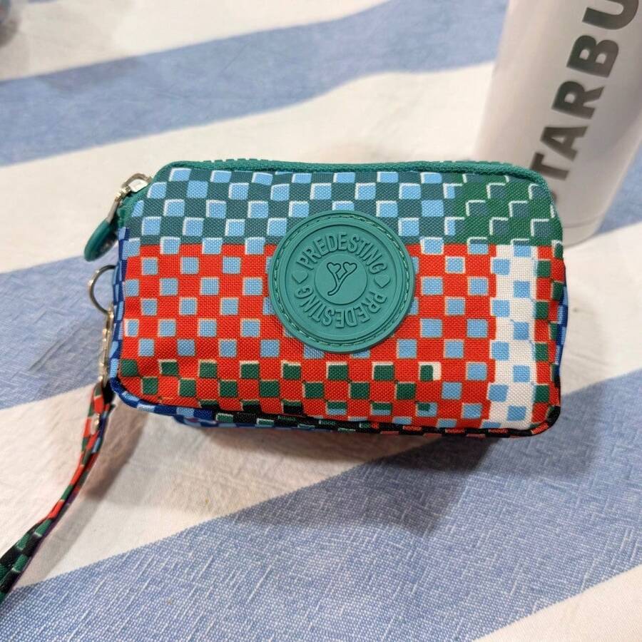 Monedero de 3 cierres ,portador de tarjetas de gran capacidad - Cuadros verdes y rojos - Ver 1