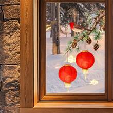 中国新年红鸟灯笼窗贴，雪景氛围窗饰贴纸，中式节日窗贴/墙贴，易于粘贴 - 彩色 - 查看 3